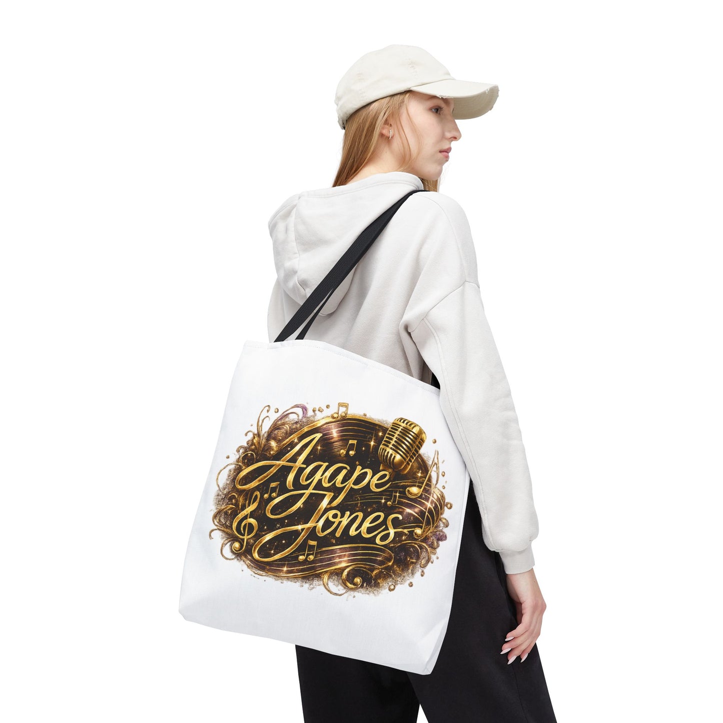 Music Microphone Tote Bag — "Agape Jones" Gold Script Design