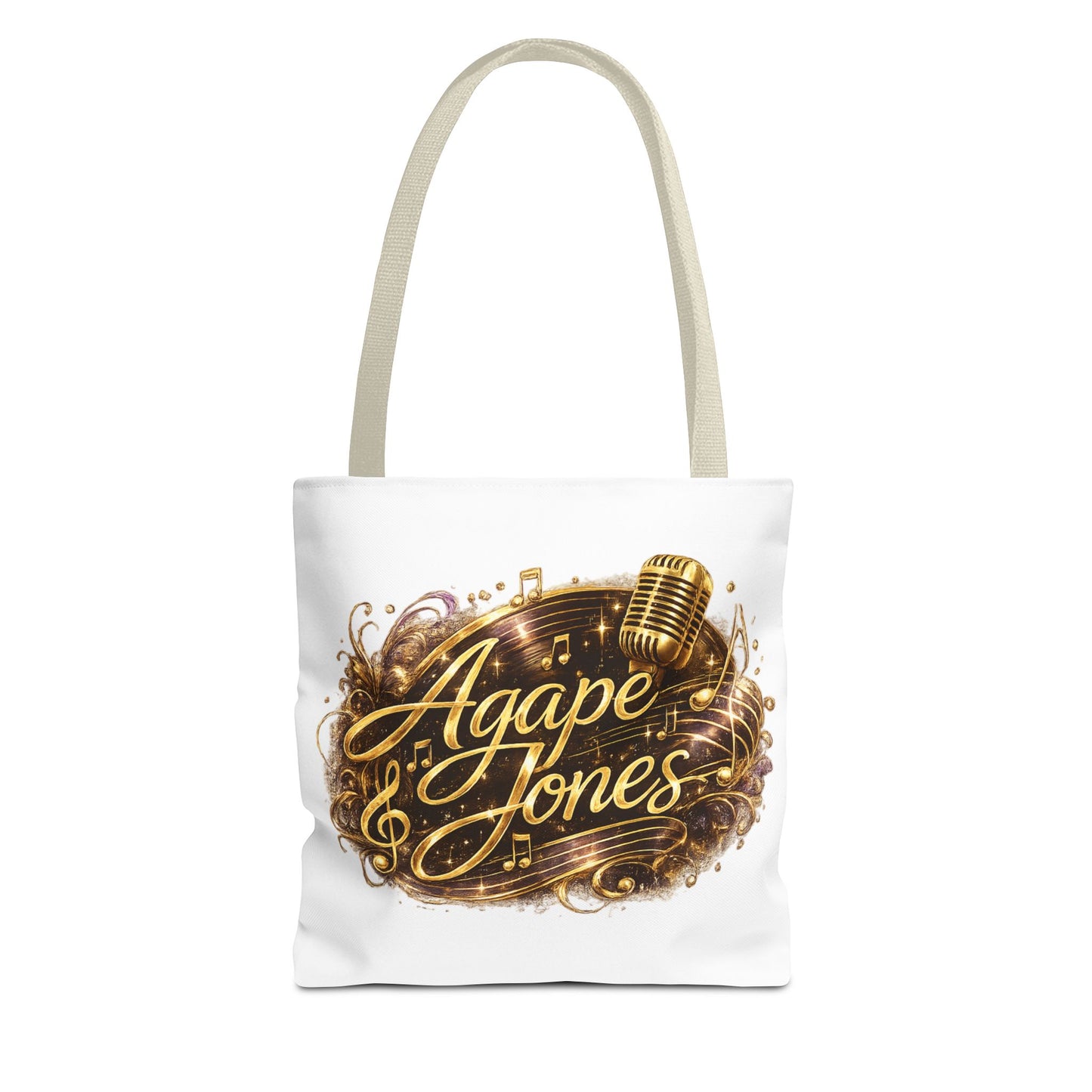 Music Microphone Tote Bag — "Agape Jones" Gold Script Design