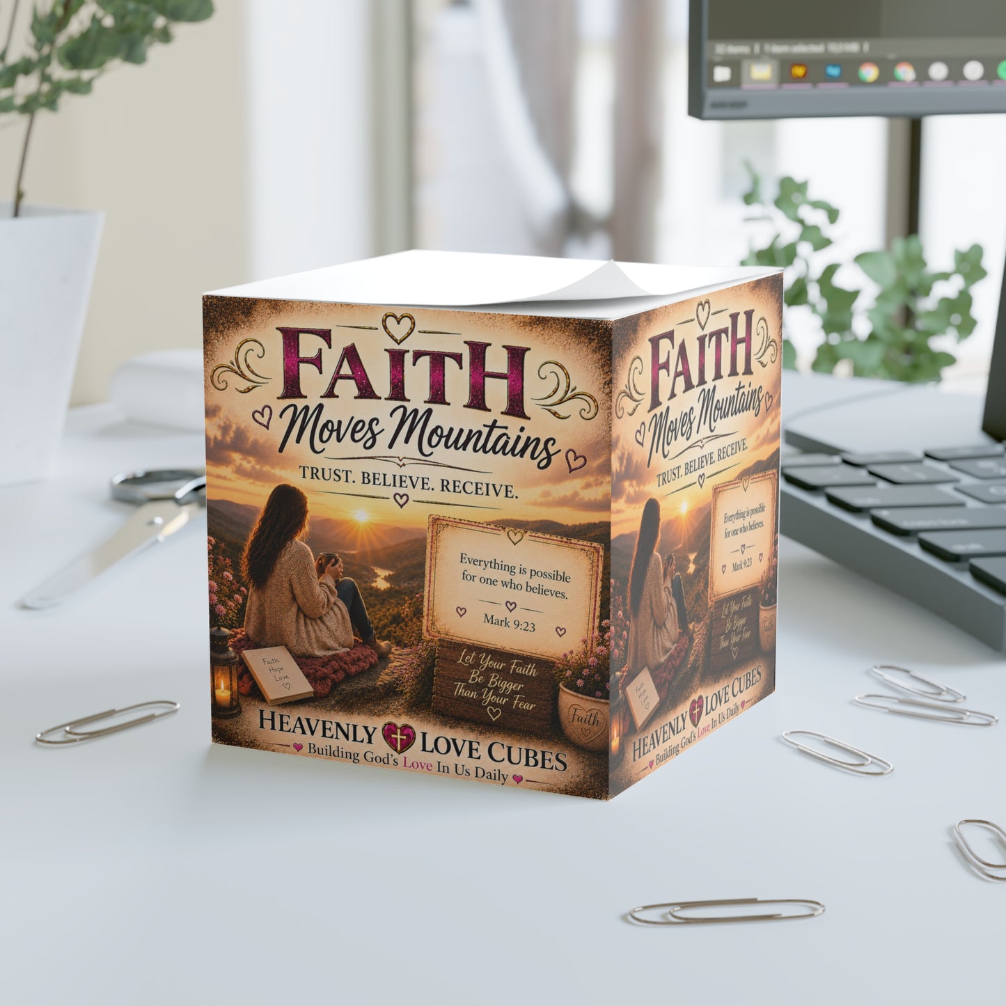 Heavenly Love Cubes Faith Moves Mountains  – Inspirational Religious Sticky Notes with Bible Verse (Mark 9:23)
