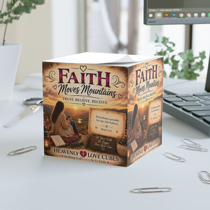 Heavenly Love Cubes Faith Moves Mountains  – Inspirational Religious Sticky Notes with Bible Verse (Mark 9:23)