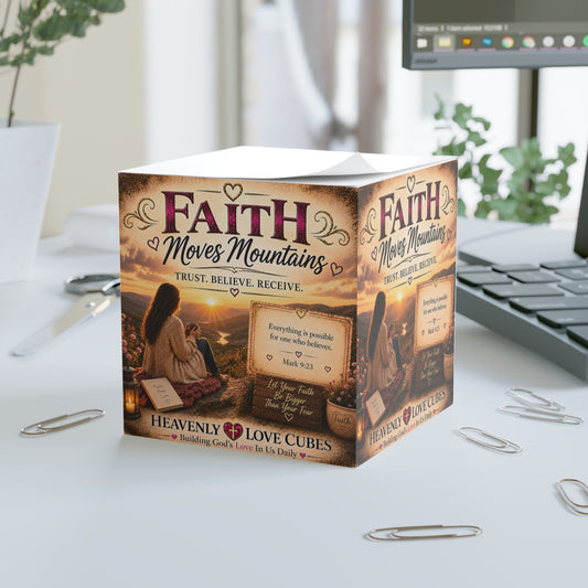 Heavenly Love Cubes Faith Moves Mountains  – Inspirational Religious Sticky Notes with Bible Verse (Mark 9:23)