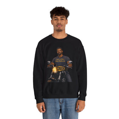 Motorcycle Crewneck Sweatshirt — "I Am A Man Who Walks In Truth" Graphic