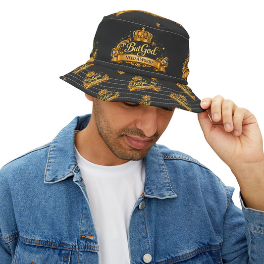 But God Bucket Hat — 'But God Need a Word?' Gold Crest Hat
