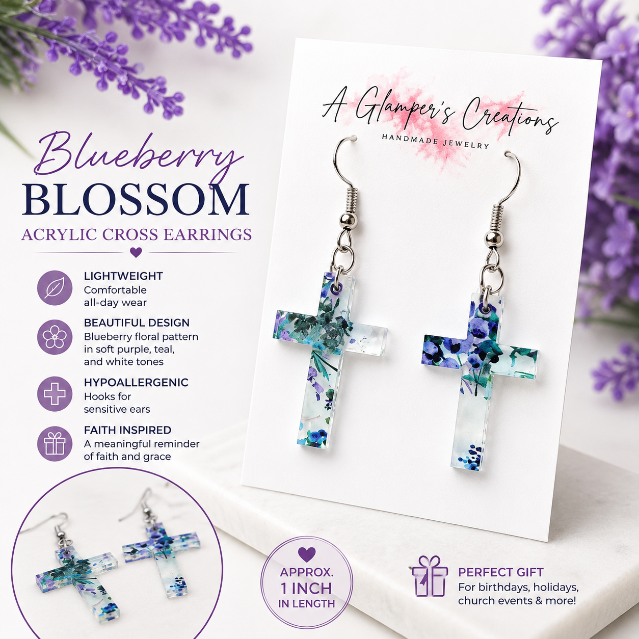 Blueberry Blossom Acrylic Cross Earrings